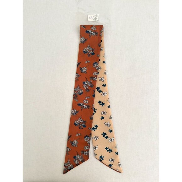 Slim Scarf 34in Rust and Cream Floral Duo Print 2 Sided Neck Hair Bag Wrap No39 - Picture 6 of 9
